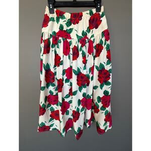 Vtg 80s 90s Donna Morgan Pleated Midi Skirt - 100% Silk Rose Print Bold size S